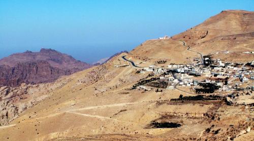 View from Mount Aaron where Aaron is buried in a 14th century mosque with a white dome near Petra, Jordan